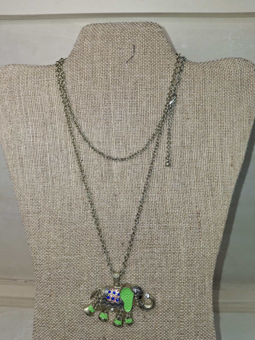 Green Elephant Charm Layered Necklace - Women Jewelry